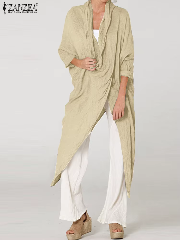 ZANZEA 2025 mode Blouses automne haut pour femme Vintage chemises longues décontracté solide col bén