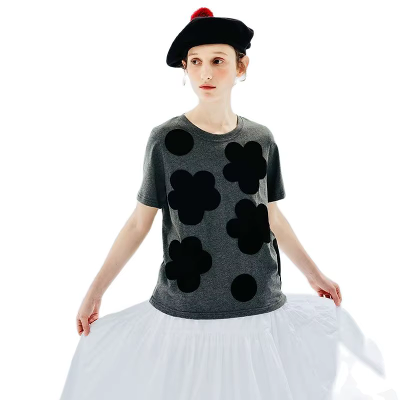 T-shirt col rond manches courtes, tenstein KOKONI, design original, noir, imprimé à pois, gris, haut