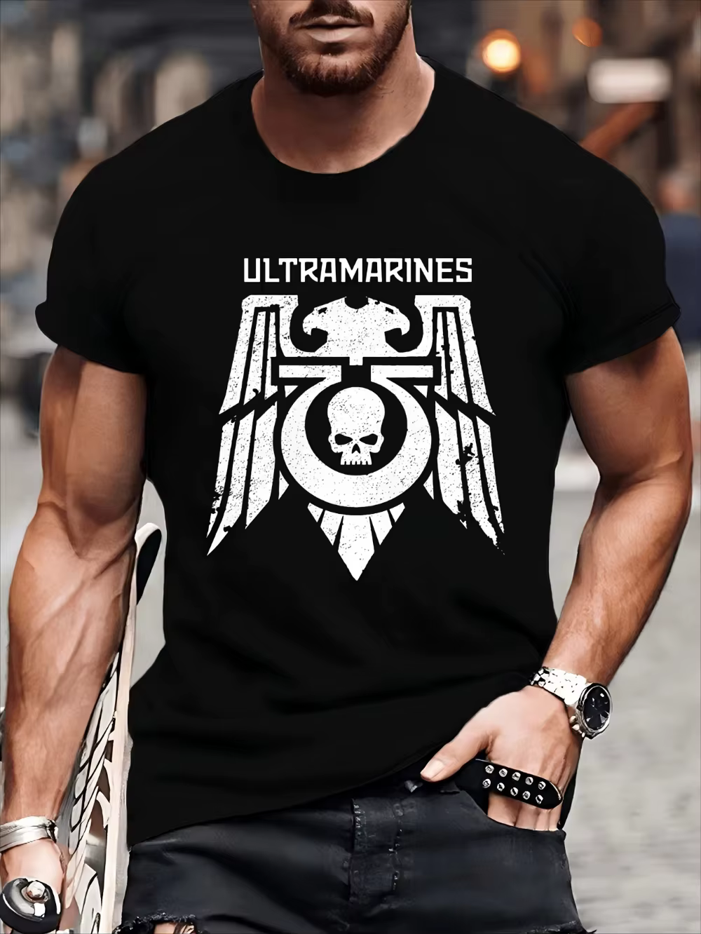 T-shirt graphique pour homme Ultramarines avec emblème, motif tête de mort audacieuse et ailes, en t