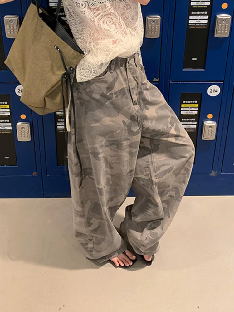 [LANMREM] pantalon de Camouflage décontracté en détresse pour femmes longueur de plancher pantalon à
