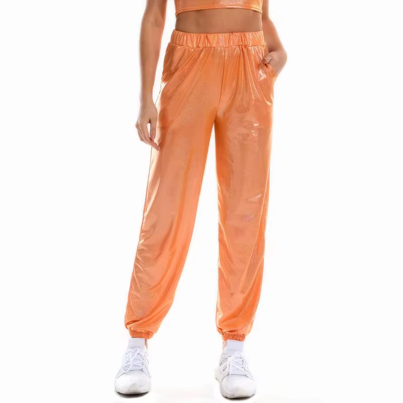 Pantalon de jogging ample taille haute holographique réfléchissant métallisé pour femme, idéal pour 