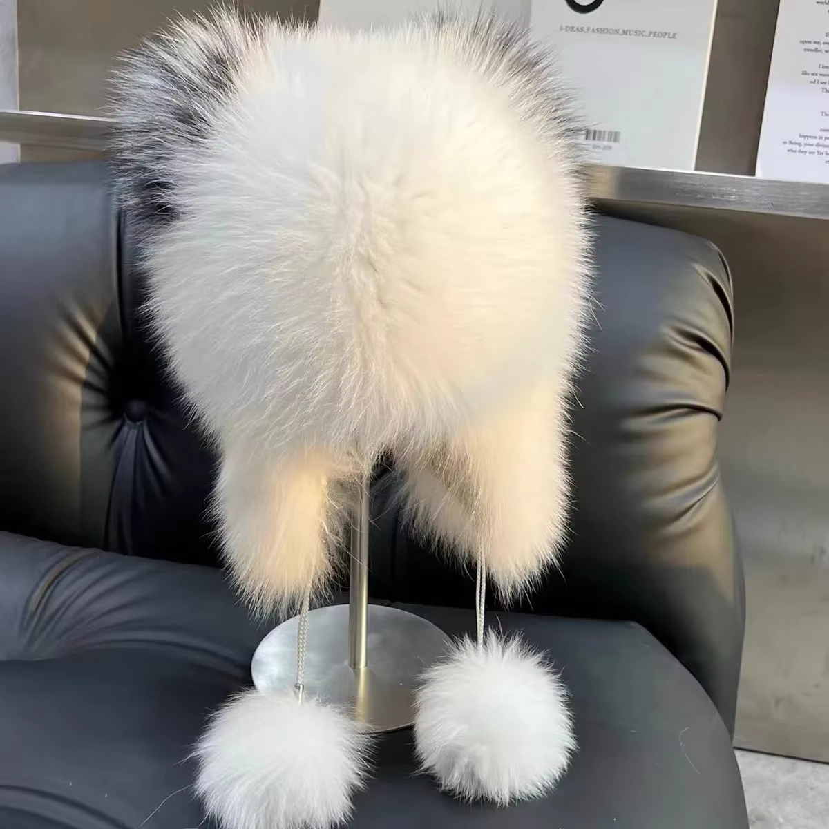 Ushanka-Chapeaux en fourrure de renard véritable pour femmes, chapeau de bombardier cousu à la main,
