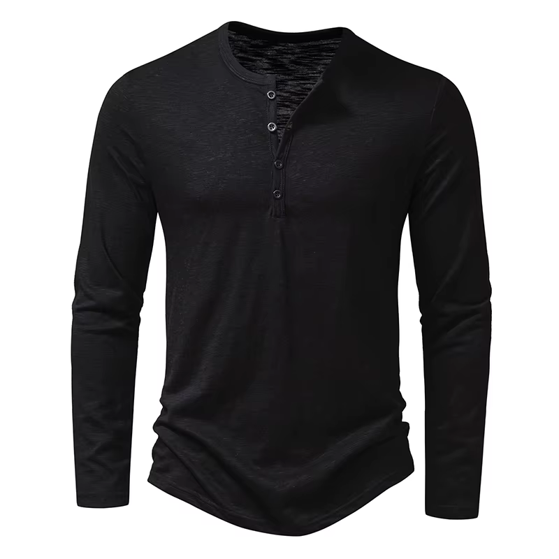 Nouveau hommes coton Henley t-shirt à manches longues T-Shirts basique décontracté bouton col respir
