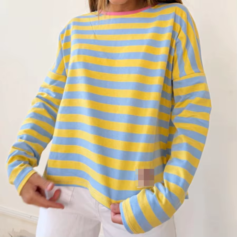 T-shirt à manches longues rayé bleu et jaune, chemises décontractées à rayures pour femmes, conforta