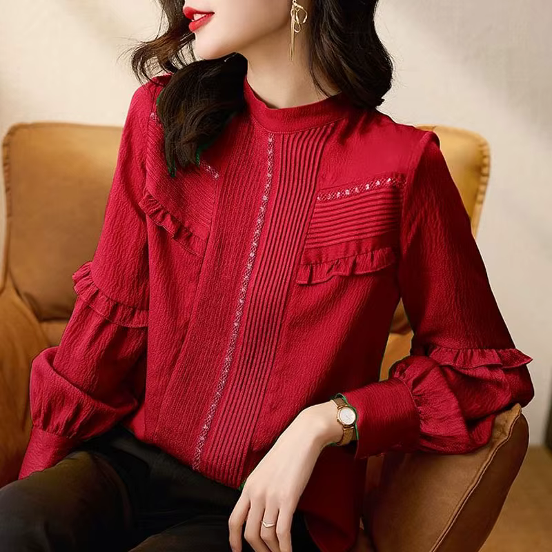 Chemisier plissé à manches longues pour femmes, chemise décontractée, col montant, volants, épissé, 