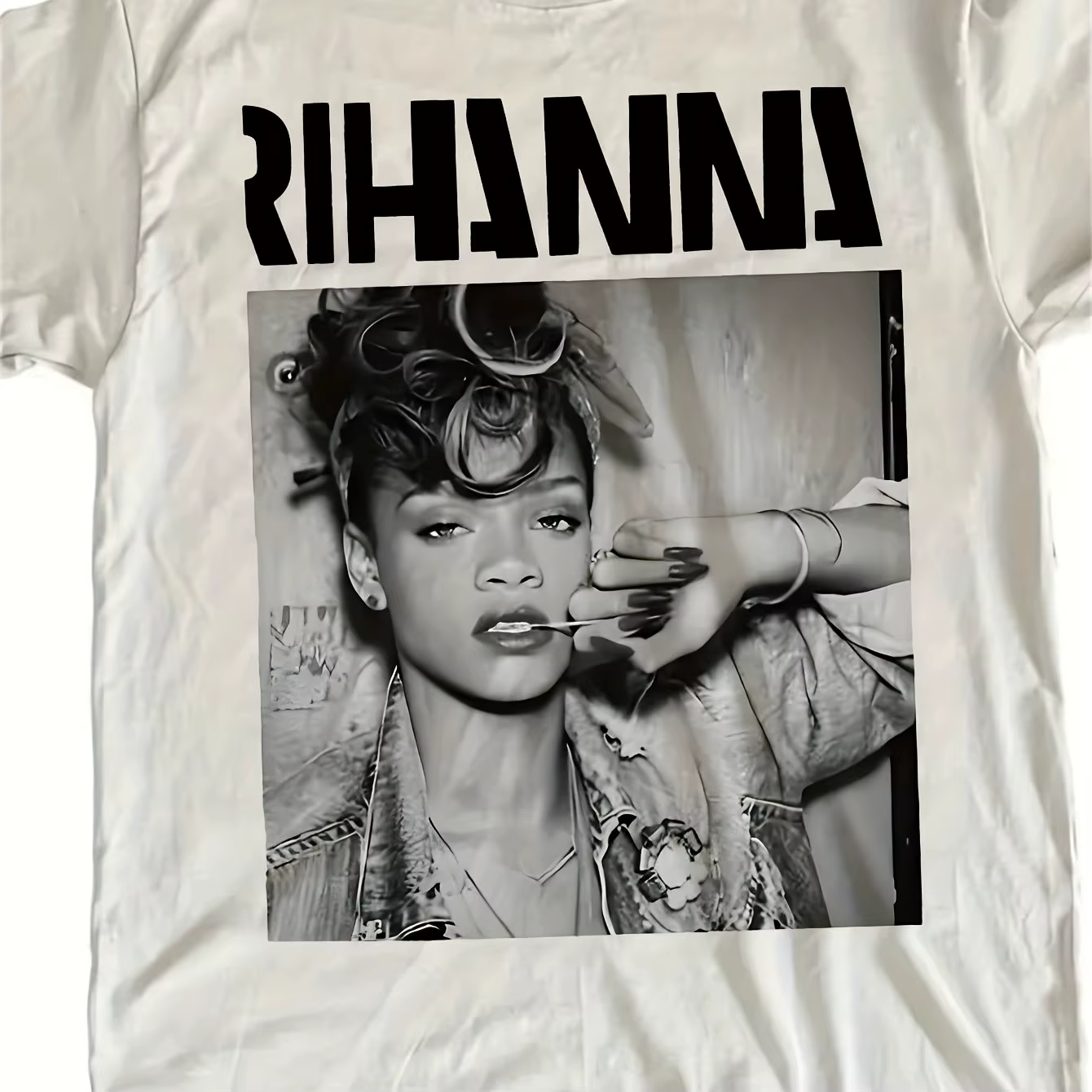 T-shirt unisexe décontracté d'été pour hommes, imprimé portrait noir et blanc de Rihanna
