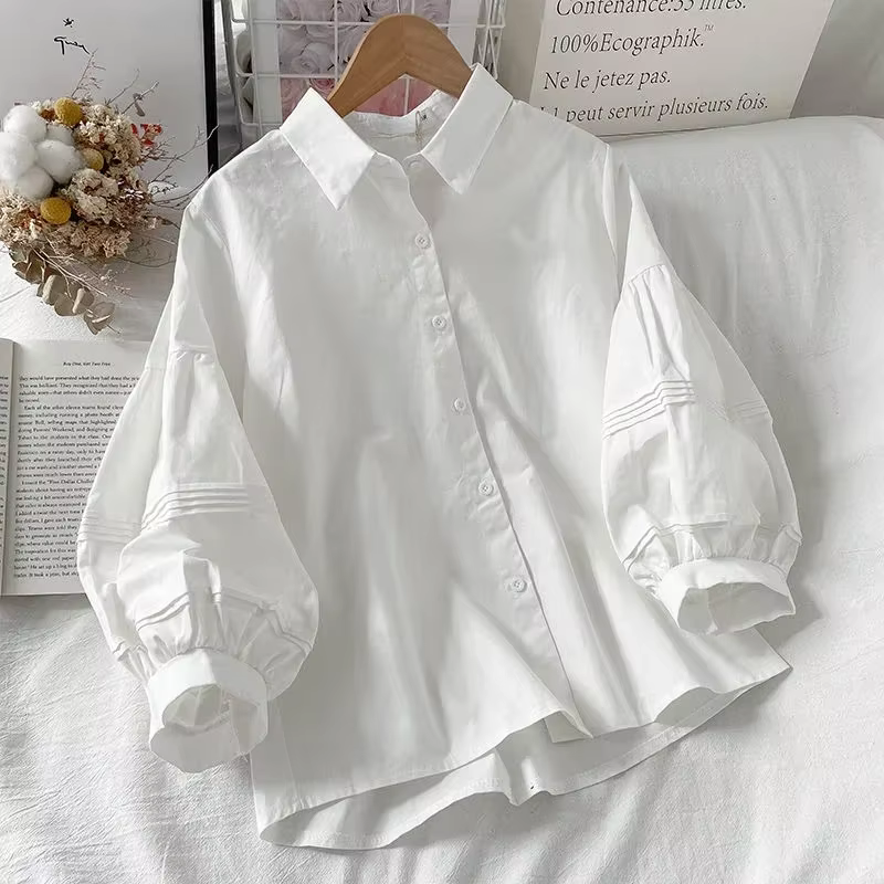 Chemises à manches bouffantes pour femmes, col rabattu blanc, fouet preppy de design chic, mode coré