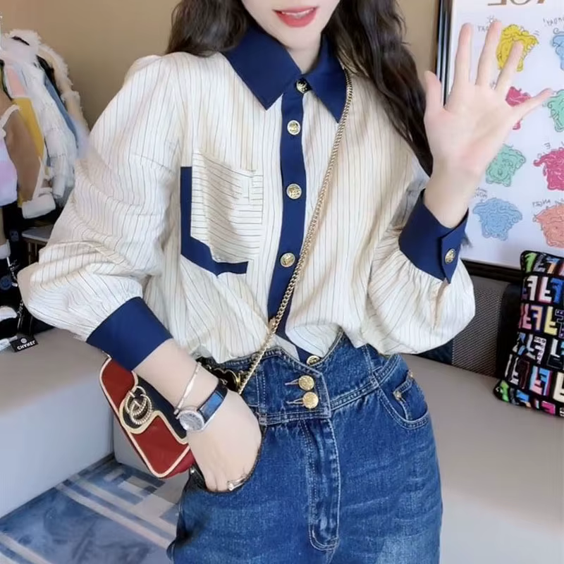 Mn Streetwear-Chemise Patchwork à Rayures pour Femme, Vêtement Vintage Chic, Simple Boutonnage, Col 