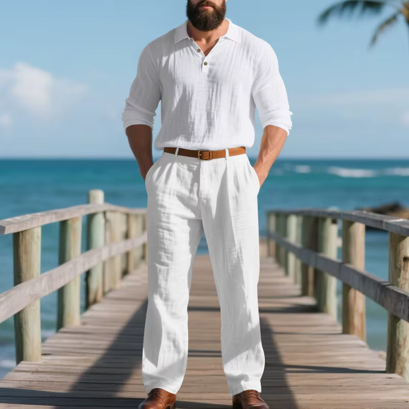 Ensemble pantalon et polo à manches longues en lin pour homme, style décontracté américain, couleur 