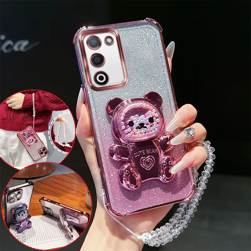 Coque de téléphone antichoc à 4 coins avec support ours 3D mignon, chaîne en cristal et paillettes p