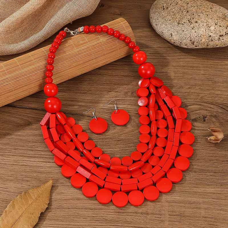 Ensemble de bijoux bohème vintage avec collier multicouche et boucles d'oreilles en perles de bois g