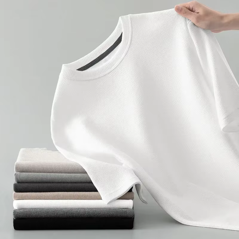 Style coréen hommes été T-Shirt homme à manches courtes gaufré solide T-Shirt couleur T-Shirt décont