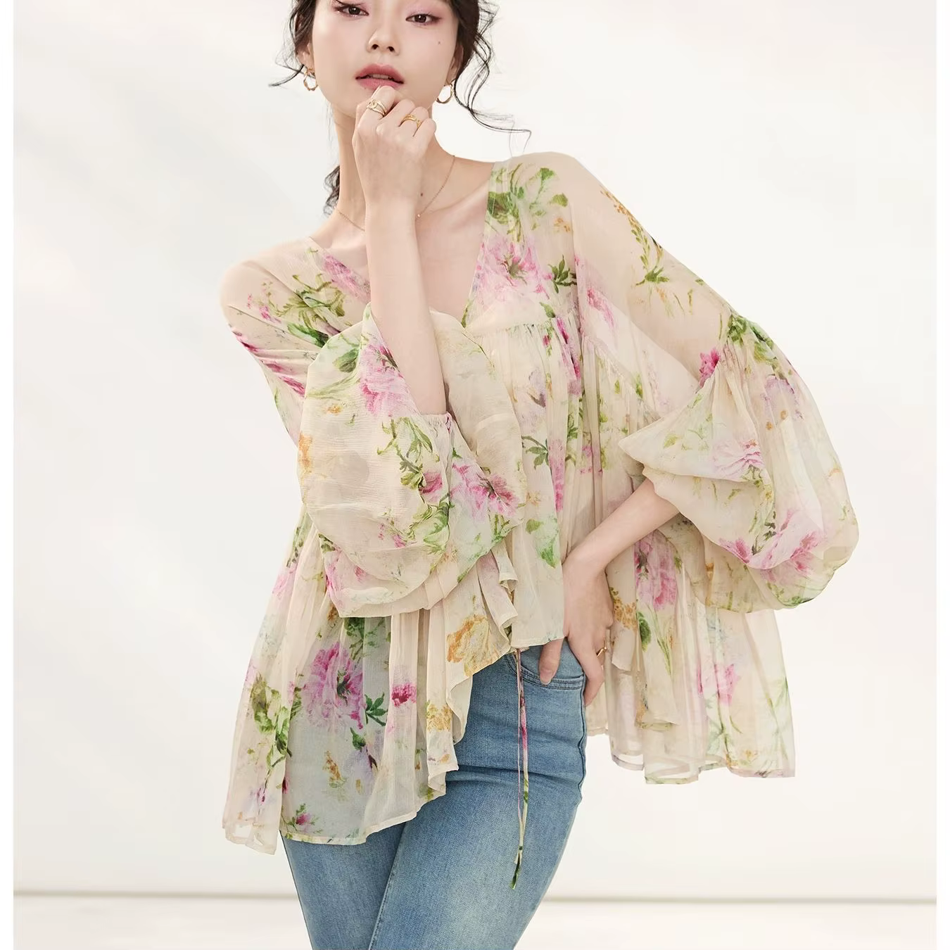 Chemise en mousseline de soie à imprimé français pour femmes, nouvelle collection printemps-été 2025