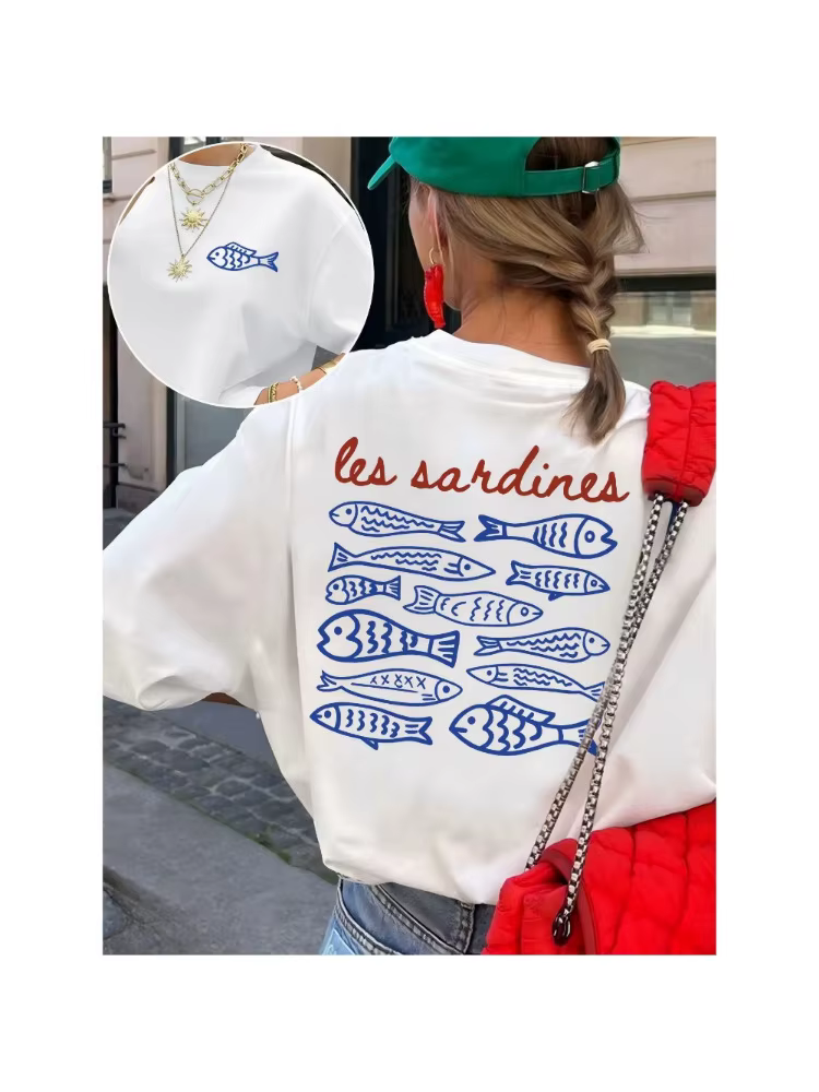 T-shirt graphique vintage Les Sardines pour femme, imprimé poisson double face, esthétique française