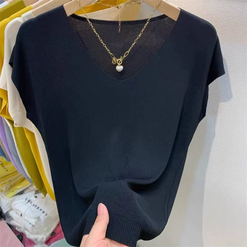 T-shirt décontracté à manches courtes pour femmes, col en V monochrome, pull d'été, mode simple, Ice