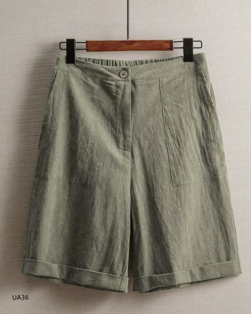 Shorts Bermuda en Lin pour Femme, Taille Haute Élastique, Grandes Poches, Coupe Ample Décontractée, 