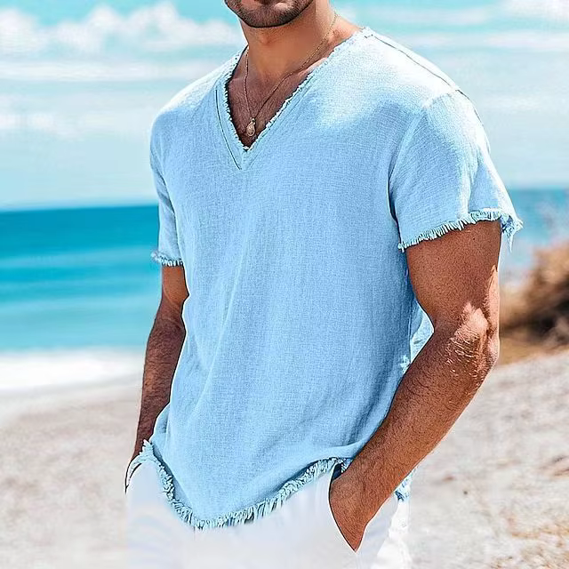 Bord de mer plage décontracté hommes lin t-shirts mode d'été couleur unie respirant T-shirt hommes e