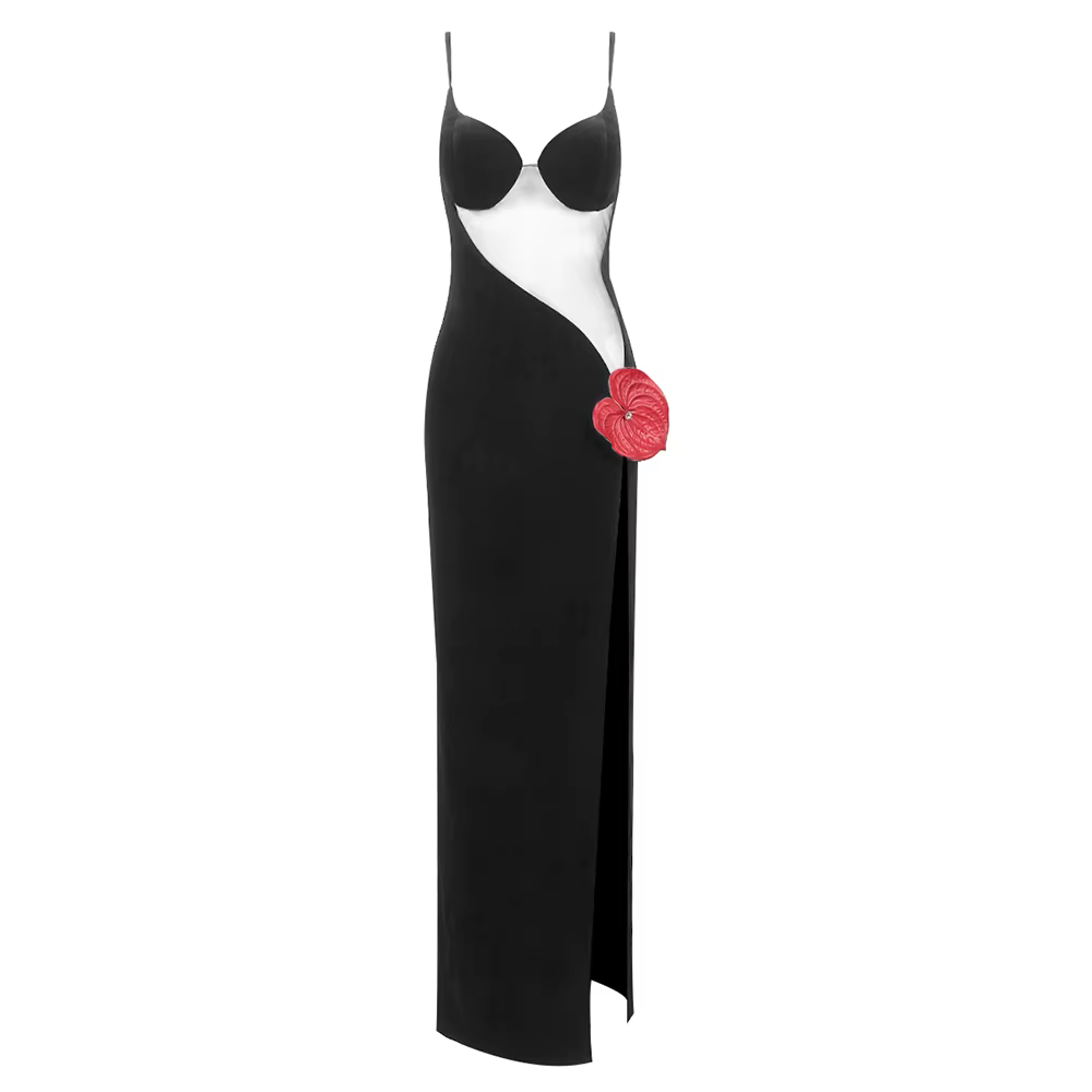 VC robe femme Sexy Spaghetti sangle nue maille Patchwork noir velours Anthurium décoration Sexy haut