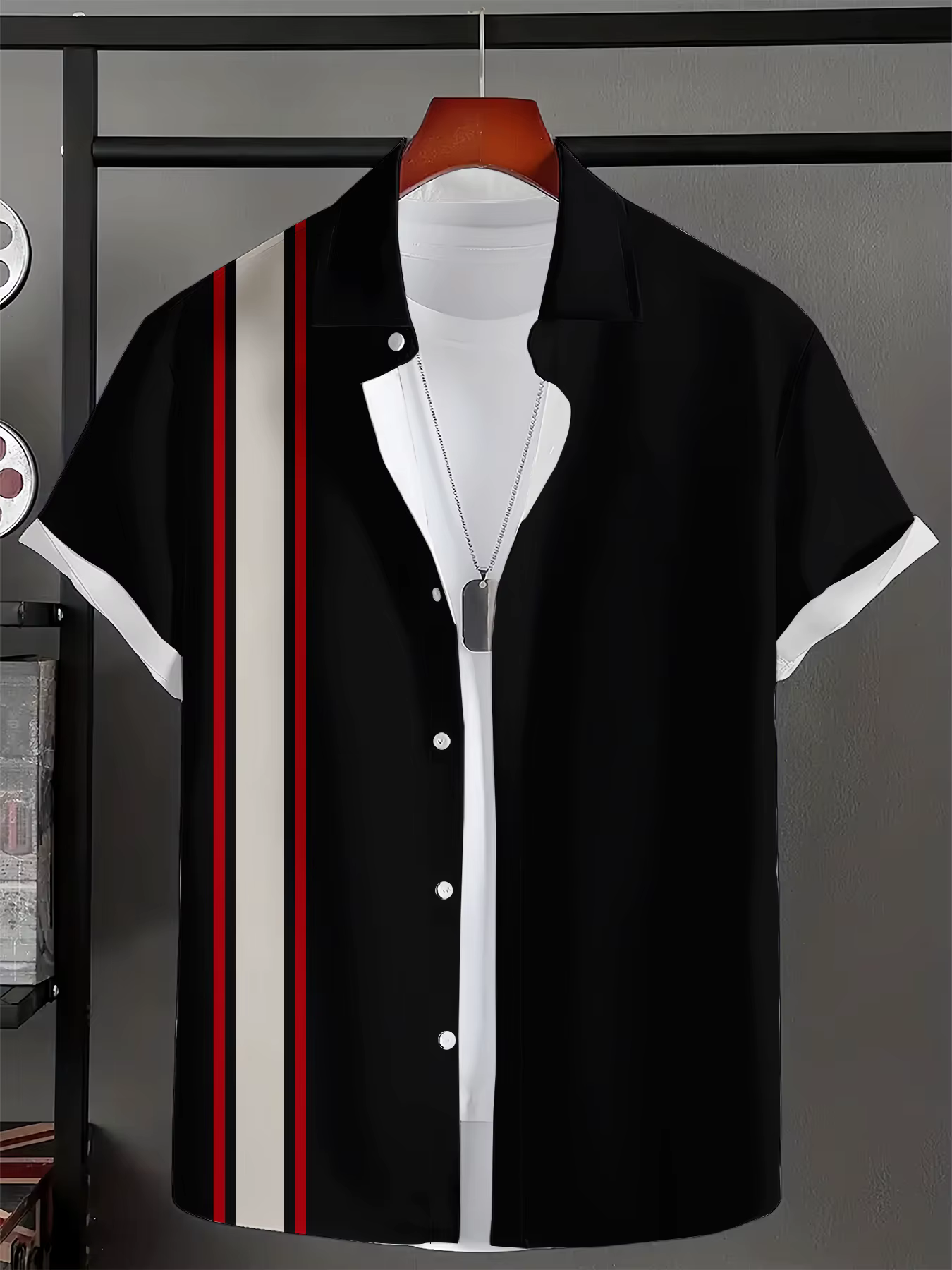 Chemise boutonnée noire à manches courtes à la mode, vêtements pour hommes à rayures rouges et blanc