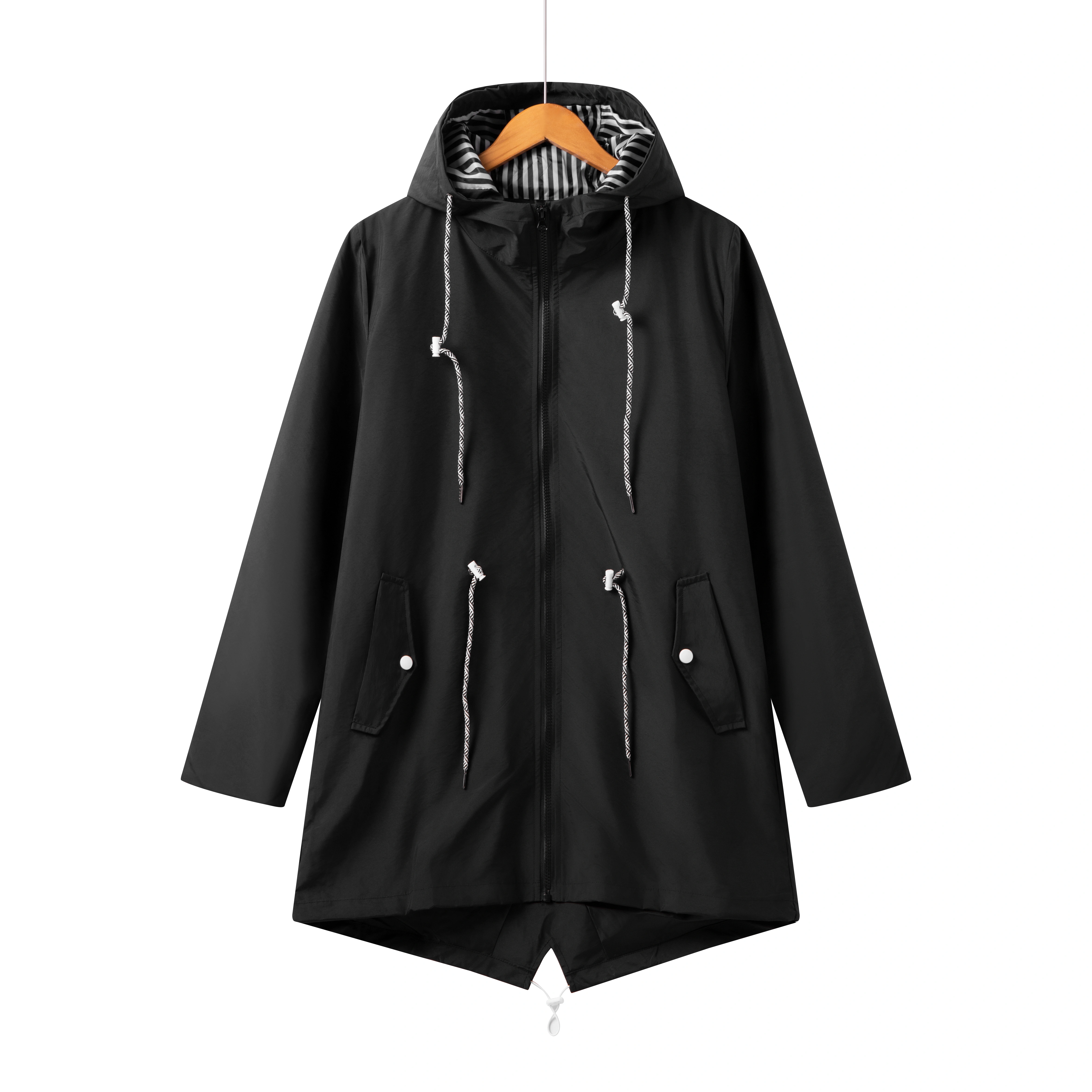 Imperméable Imperméable à Capuche pour Femme, Coupe-Vent Long, Décontracté, Basique, Fermeture Éclai