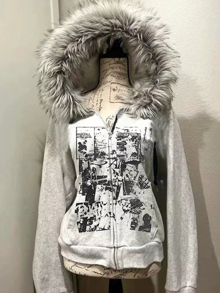 Sous-culture Faux manteaux femmes veste graphique avec capuche polaire fourrure à capuche Edgy améri