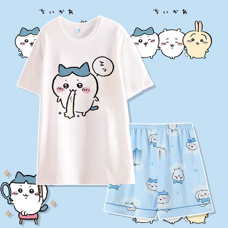 Pyjama d'été Chiikawa Usagi Hachiware Momonga, motif dessin animé mignon, col rond, manches courtes,