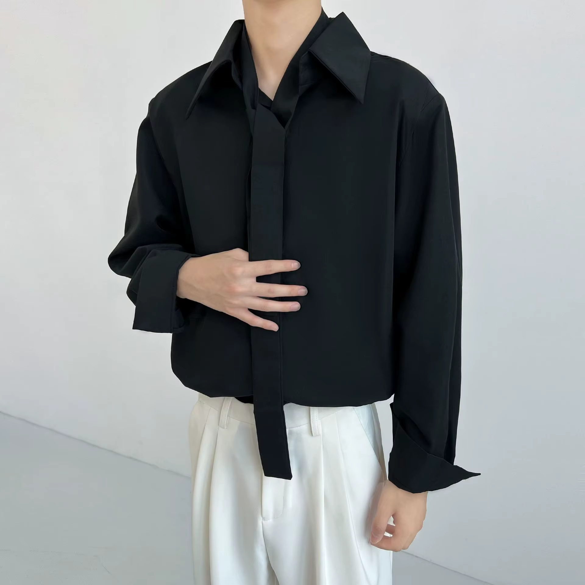 Chemise Design cravate pour hommes, drapé, sens Unique, col à gros points, ample, mode française, ma