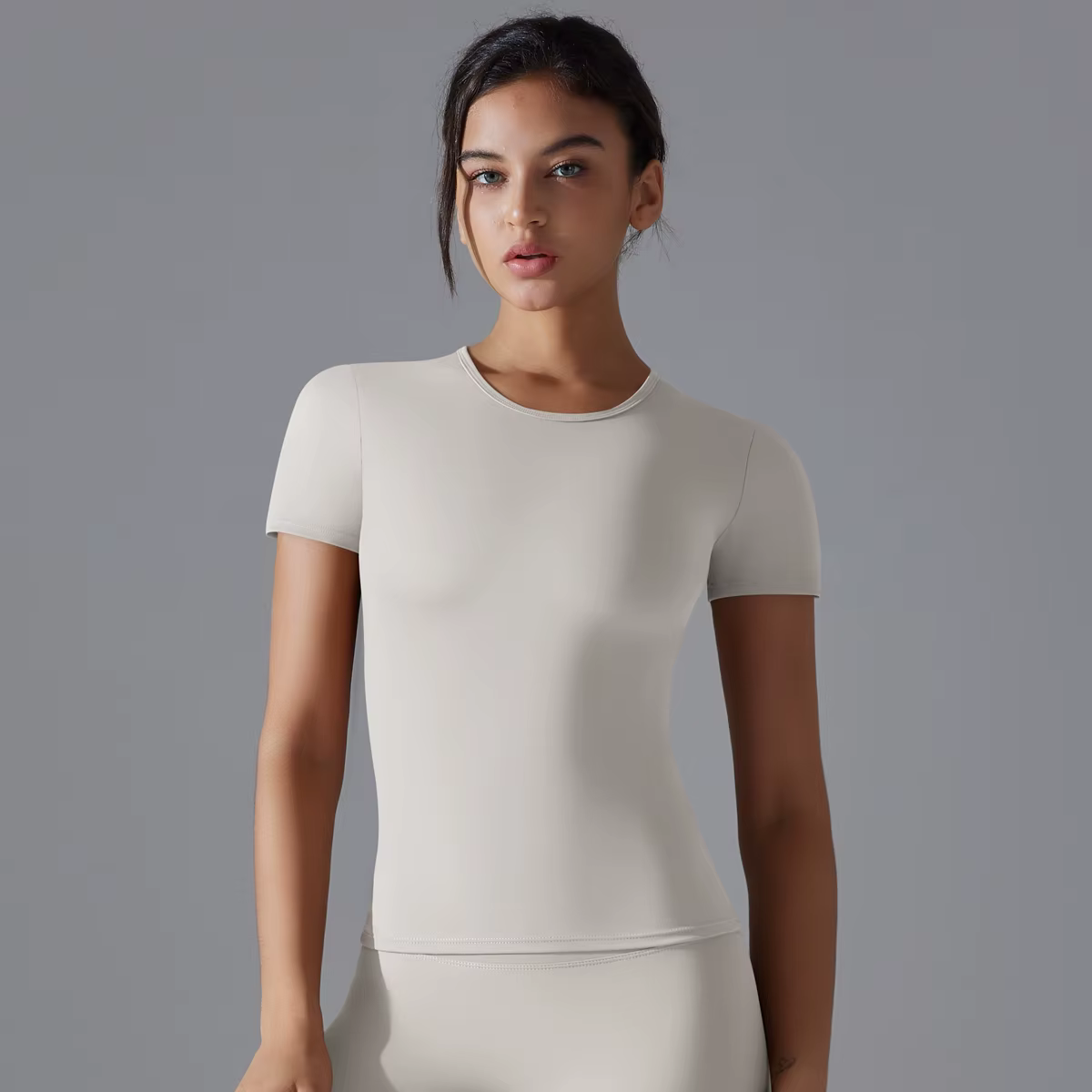 Femmes course sport t-shirt été à manches courtes col rond respirant extensible GYM Yoga mince Fitne