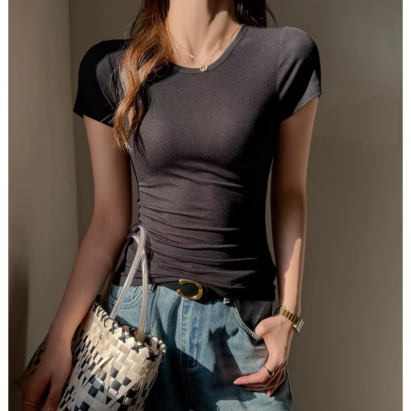 T-shirts pour femmes en Tencel et laine, col rond, coupe ajustée, manches courtes, style coréen, bas