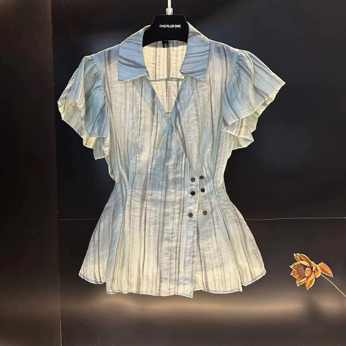 Chemise française à motif Vertical, col en v, près de la taille, nouveau Style, haut Slim et à la mo