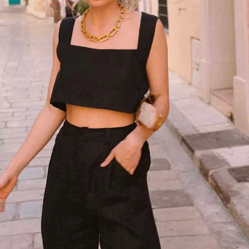 Top court chic en lin à col carré pour femme, couleur unie, dos nu, sans manches, été 2026, haut sex