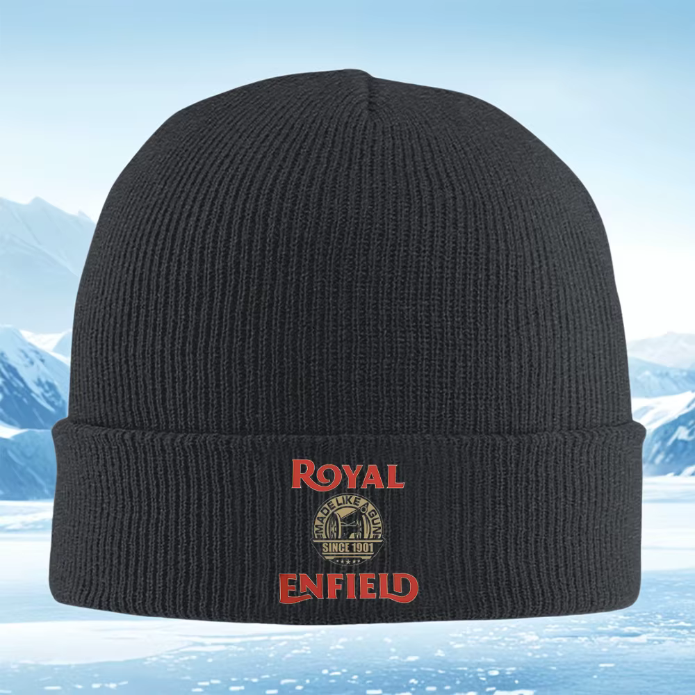 Royal Enfield classique marque symbole design fond noir hommes femmes unisexe tricoté chapeau bonnet