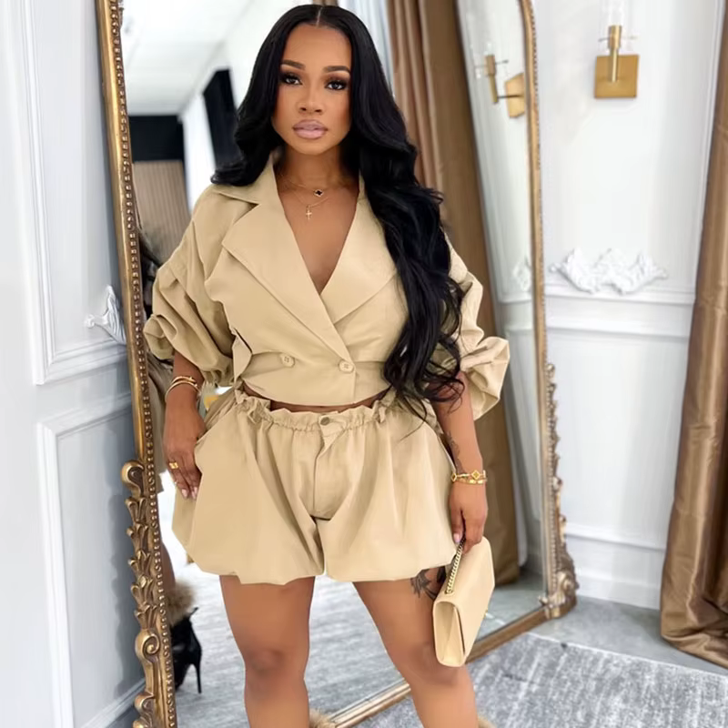 Ensemble 2 pièces Doyerl Streetwear pour femme : Veste croisée à col cranté et short assorti pour so