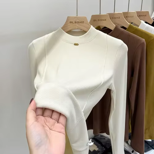 T-Shirt à Base épaisse pour femmes, avec col montant et manches longues, Version coréenne du haut de