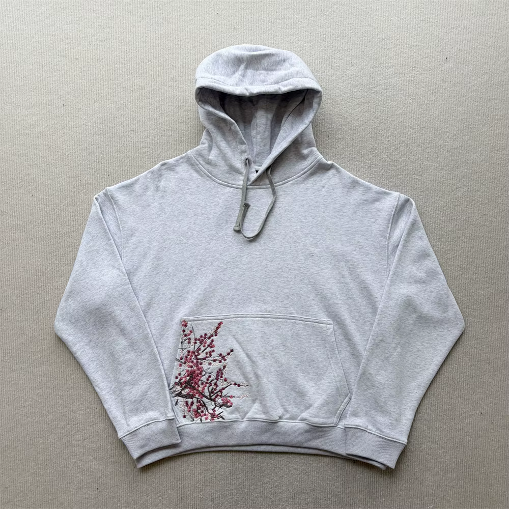 Sweat à capuche brodé motif fleur de prunier pour homme et femme, qualité supérieure, coupe oversize