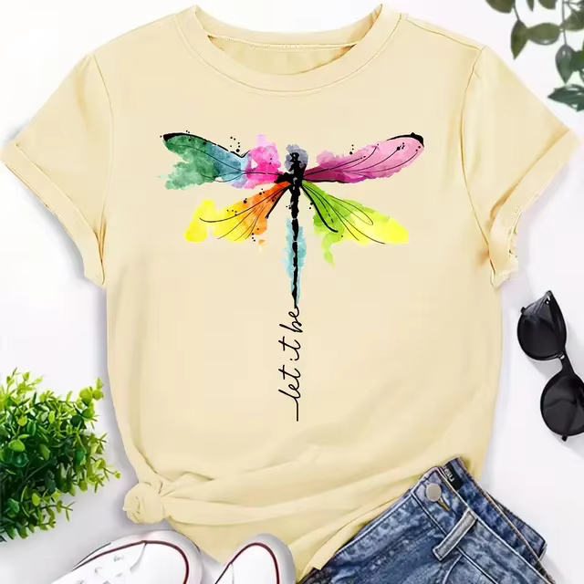 T-shirt à manches courtes imprimé libellule pour femmes, col rond, blanc, Kahki, noir, décontracté, 