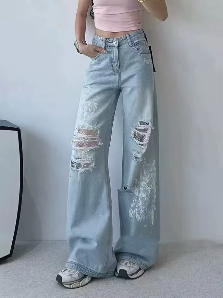 2025 Ropa Y2K mode lavé bleu Baggy dentelle empilé déchiré jean pantalon pour femmes vêtements droit