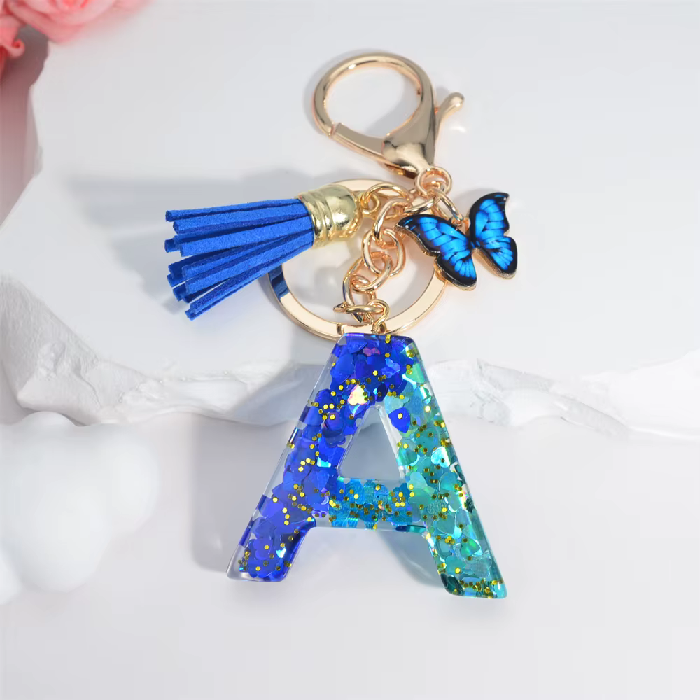 26 lettres de l'alphabet anglais glands porte-clés cristal acrylique papillon pendentif porte-clés f