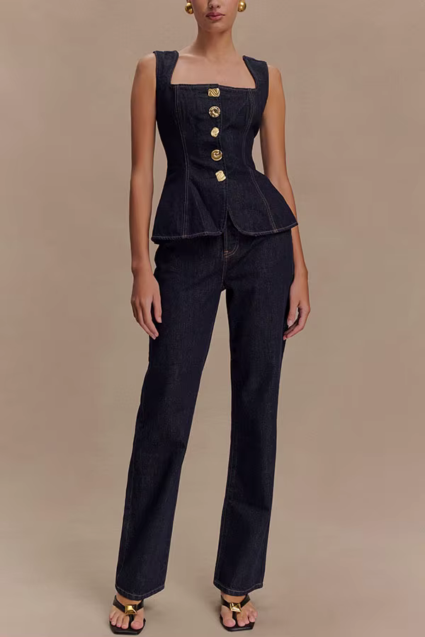 Ensemble Jean Taille Haute Boutonné et Haut Style Moderne pour Femme – Tenue Décontractée en Mélange