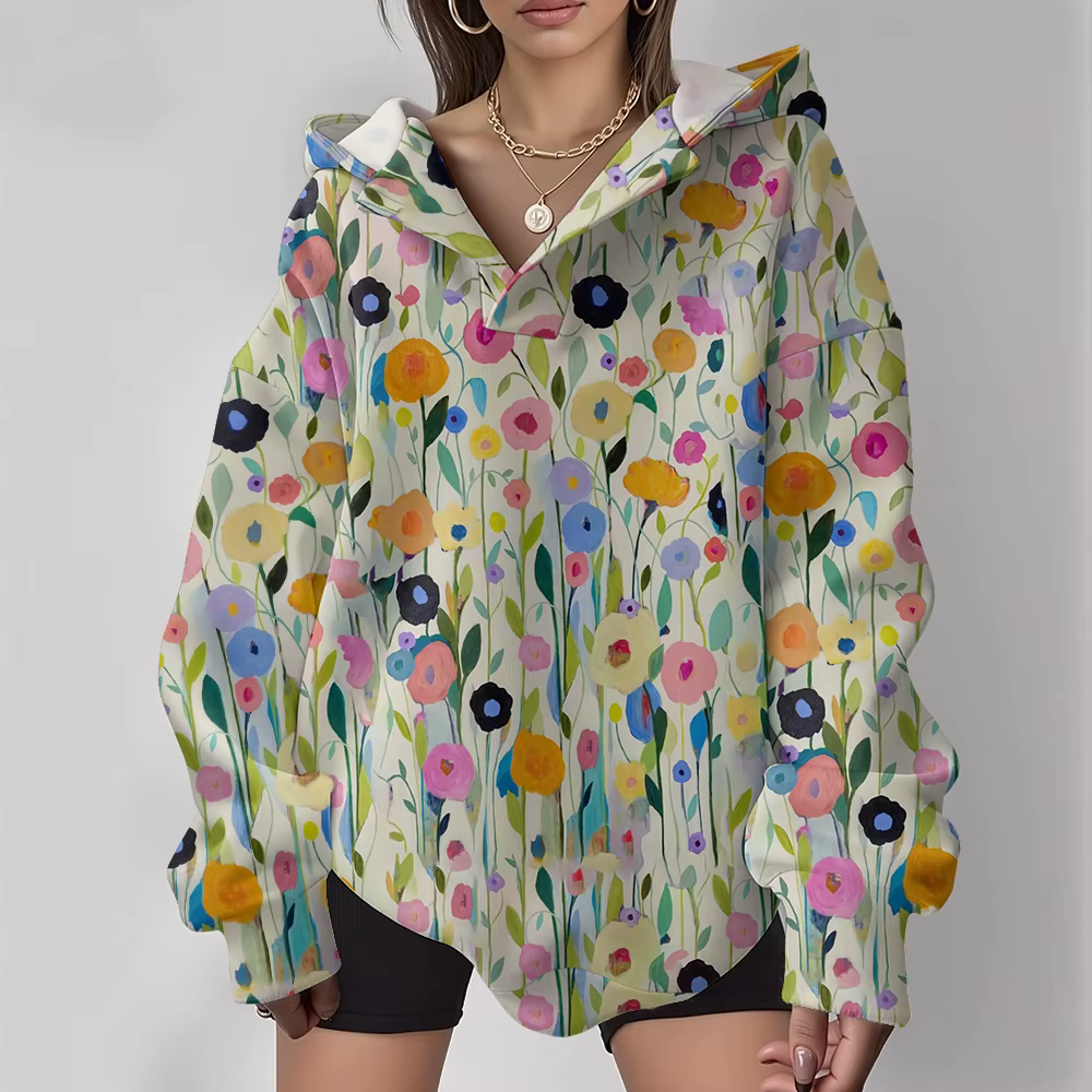 Vintage confortable ​ Sweat à capuche surdimensionné pour femmes, Style de rue avec fleurs noires, v