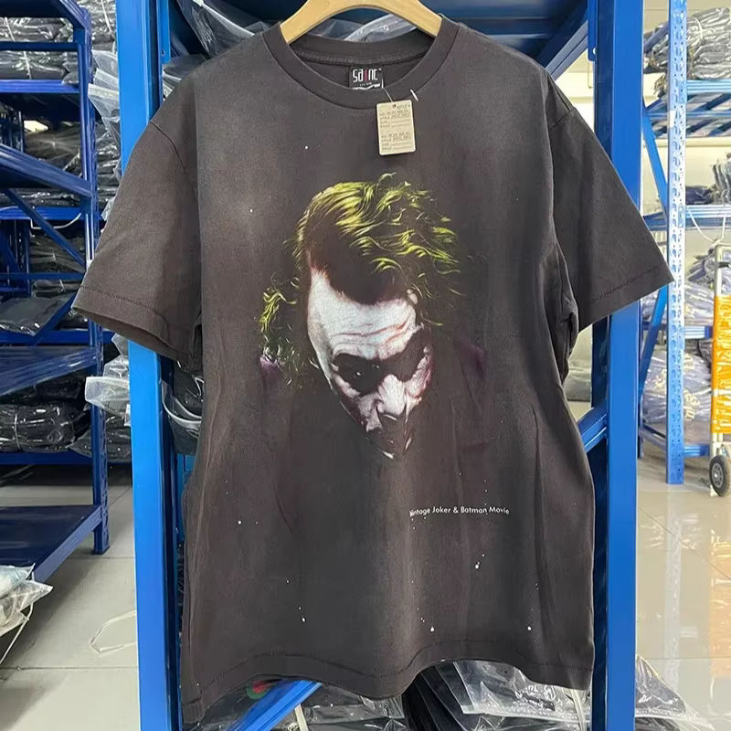 T-shirt blanc Saint 2025, nouveau style rétro délavé, coupe ample unisexe, en coton imprimé, col ron
