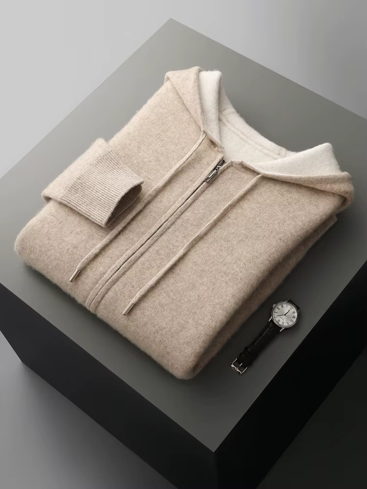 Pull en cachemire pour hommes, Cardigan 100% laine mérinos, sweat à capuche, fermeture éclair épaiss