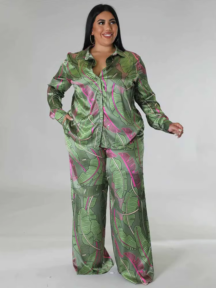 Ensemble 2 pièces à manches longues pour femmes, chemisier droit, surintendant, pantalon imprimé, gr