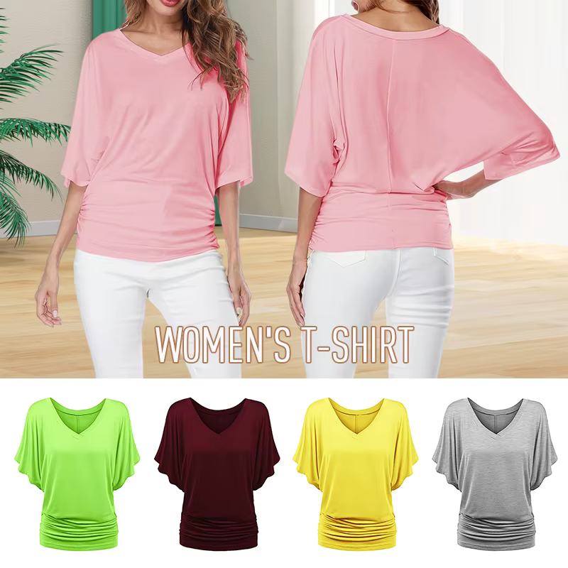 T-shirt chauve-souris classique décontracté, grande taille, col en v, manches courtes, rose, gris, b