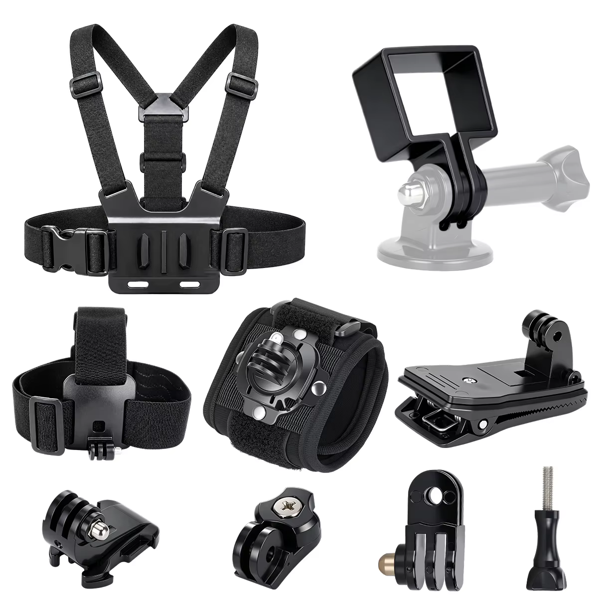 Accessoires pour caméra d'action : Sangle de poitrine, support de tête, clip de poignet et de sac à 