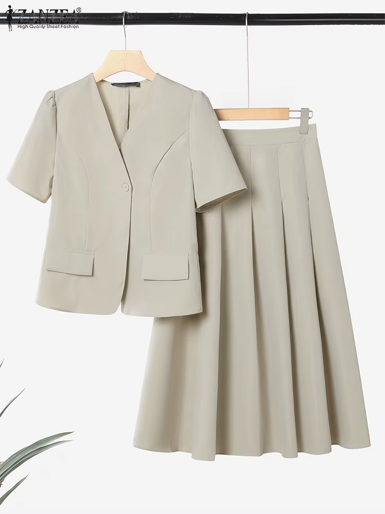 ZANZEA Vintage ensembles femmes tenues décontractées robe chemises solides a-ligne plissée Maxi jupe