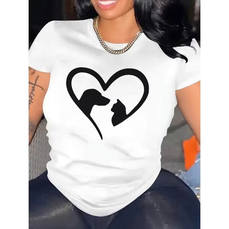 T-shirt à la mode pour femmes, avec imprimé cœur de chat et de chien de dessin animé, manches courte