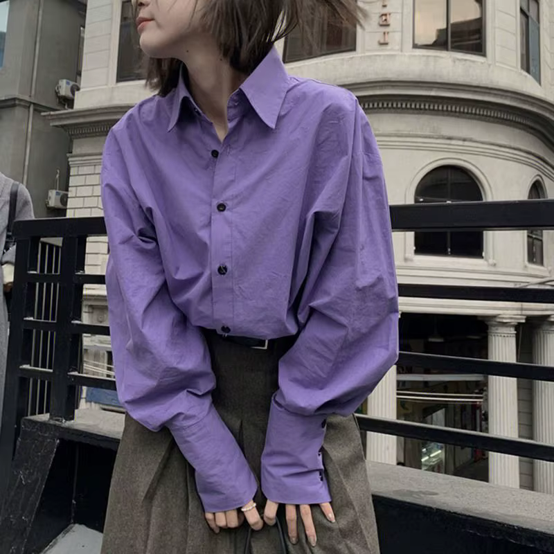 Chemises violettes douces pour femmes, vêtements coréens, boutons de bureau, design basique, loisirs