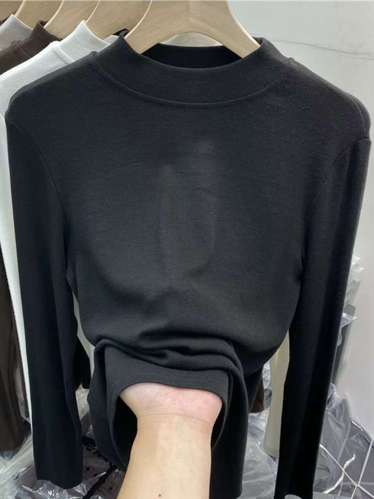 T-shirt blanc basique en pur coton de haute qualité pour femmes, haut Slim élégant, demi-col roulé, 