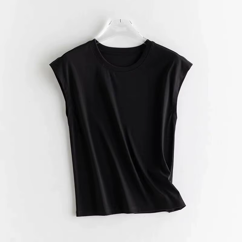T-shirt sans manches en soie mercerisée et coton pour femme, col rond, coupe ample, frais et respira